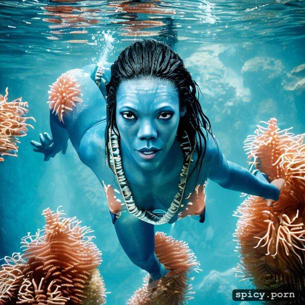 Realistic, visible nipple, masterpiece, zoe saldana as blue alien from the movie avatar zoe saldana swimming underwater near a coral reef wearing tribal top and thong - spicy.porn on pornintellect.com