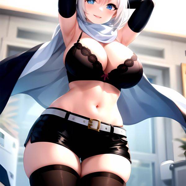 1girl Armpits Arms Behind Head Belt Black Bra Black Gloves Black Pantyhose Blue Eyes Blurry Blurry Background Bra Breasts Curvy, 1971616053 - AIHentai - aihentai.co on pornintellect.com