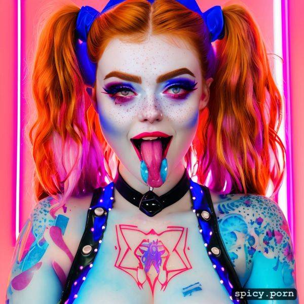 Retrowave neon lights, tattooed, long red nails, pussy piercing - spicy.porn on pornintellect.com