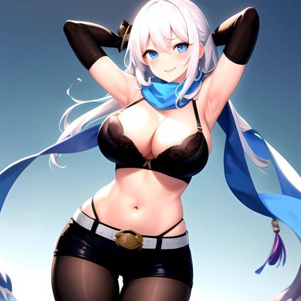 1girl Armpits Arms Behind Head Belt Black Bra Black Gloves Black Pantyhose Blue Eyes Blurry Blurry Background Bra Breasts Curvy, 2972965802 - AIHentai - aihentai.co on pornintellect.com