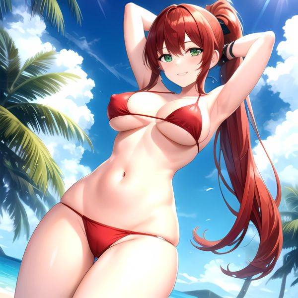 1girl Armpits Arms Behind Head Arms Up Bikini Breasts Closed Mouth Collarbone Covered Nipples Day Green Eyes Highres Jung Freud, 3065271792 - AIHentai - aihentai.co on pornintellect.com