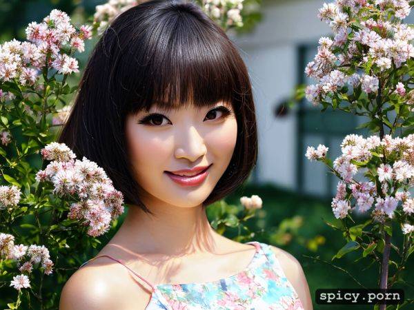 Japanese woman, smiling, 25 yo, sandals, walking in a garden - spicy.porn - Japan on pornintellect.com