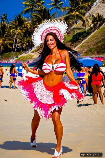 Color portrait, long hair, 52 yo beautiful performing white rio carnival dancer at copacabana beach - spicy.porn on pornintellect.com