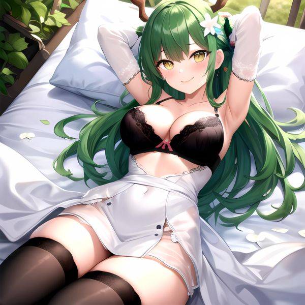 1girl Alternate Costume Antlers Armpits Arms Behind Head Bed Sheet Black Bra Black Thighhighs Bra Branch Breasts Ceres Fauna Cle, 241227616 - AIHentai - aihentai.co on pornintellect.com