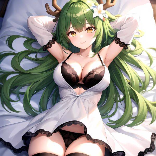 1girl Alternate Costume Antlers Armpits Arms Behind Head Bed Sheet Black Bra Black Thighhighs Bra Branch Breasts Ceres Fauna Cle, 56526187 - AIHentai - aihentai.co on pornintellect.com