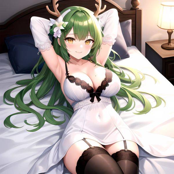 1girl Alternate Costume Antlers Armpits Arms Behind Head Bed Sheet Black Bra Black Thighhighs Bra Branch Breasts Ceres Fauna Cle, 288975192 - AIHentai - aihentai.co on pornintellect.com