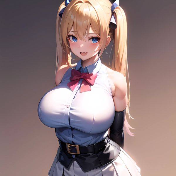 1girl Aymusk Belt White Skirt Blonde Hair Blue Eyes Blush Bow Bowtie Breasts Curvy Elbow Gloves Fang Gloves Gradient Background, 1523444037 - AIHentai - aihentai.co on pornintellect.com