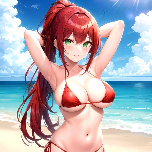 1girl Armpits Arms Behind Head Bikini Breasts Closed Mouth Collarbone Covered Nipples Day Green Eyes Highres Jung Freud Large Br, 1791393814 - AIHentai - aihentai.co on pornintellect.com