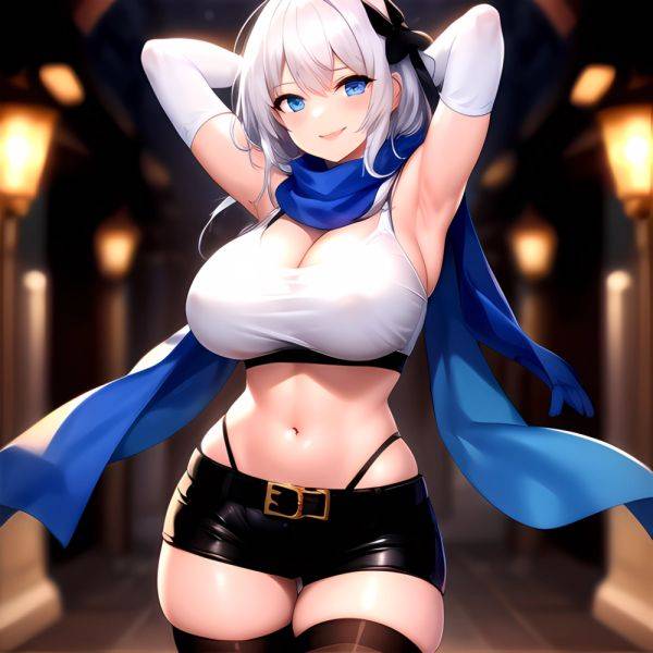 1girl Armpits Arms Behind Head Belt Black Bra Black Gloves Black Pantyhose Blue Eyes Blurry Blurry Background Bra Breasts Curvy, 3656863577 - AIHentai - aihentai.co on pornintellect.com