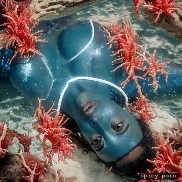 Realistic, visible nipple, masterpiece, zoe saldana as blue alien from the movie avatar zoe saldana swimming underwater near a coral reef wearing tribal top and thong - spicy.porn on pornintellect.com