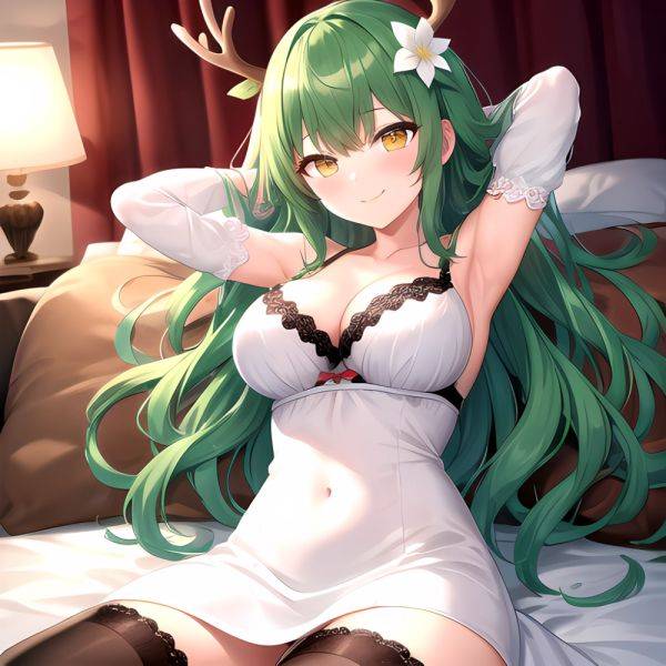 1girl Alternate Costume Antlers Armpits Arms Behind Head Bed Sheet Black Bra Black Thighhighs Bra Branch Breasts Ceres Fauna Cle, 78741303 - AIHentai - aihentai.co on pornintellect.com