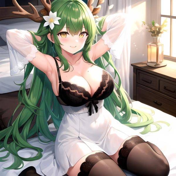 1girl Alternate Costume Antlers Armpits Arms Behind Head Bed Sheet Black Bra Black Thighhighs Bra Branch Breasts Ceres Fauna Cle, 1407972171 - AIHentai - aihentai.co on pornintellect.com