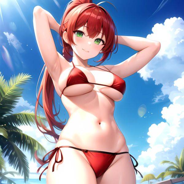 1girl Armpits Arms Behind Head Arms Up Bikini Breasts Closed Mouth Collarbone Covered Nipples Day Green Eyes Highres Jung Freud, 4117025236 - AIHentai - aihentai.co on pornintellect.com
