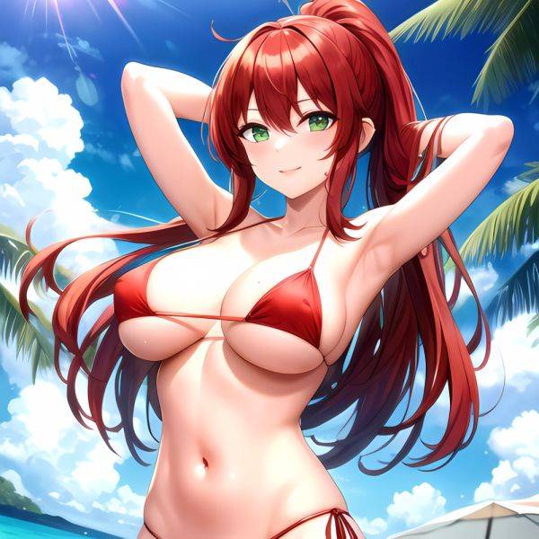 1girl Armpits Arms Behind Head Arms Up Bikini Breasts Closed Mouth Collarbone Covered Nipples Day Green Eyes Highres Jung Freud, 3358824336 - AIHentai - aihentai.co on pornintellect.com