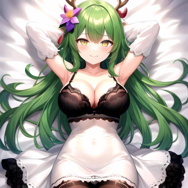 1girl Alternate Costume Antlers Armpits Arms Behind Head Bed Sheet Black Bra Black Thighhighs Bra Branch Breasts Ceres Fauna Cle, 562860155 - AIHentai - aihentai.co on pornintellect.com