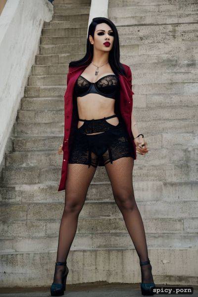 Realistic black heels, highres, full body shot of transgender curvy ladyboy skin tight lingerie - spicy.porn on pornintellect.com