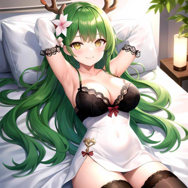 1girl Alternate Costume Antlers Armpits Arms Behind Head Bed Sheet Black Bra Black Thighhighs Bra Branch Breasts Ceres Fauna Cle, 2339912649 - AIHentai - aihentai.co on pornintellect.com