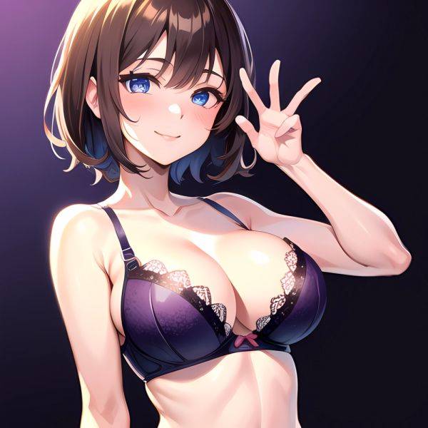1girl Ai Generated Blue Eyes Blush Breasts Brown Hair Highres Large Breasts Light Smile Looking At Viewer Purple Background Shor, 2134765646 - AIHentai - aihentai.co on pornintellect.com