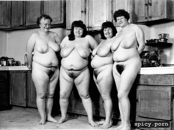 Fully naked, group photo of old fat lesbians, standing in kitchen - spicy.porn on pornintellect.com