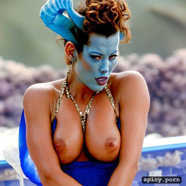 Realistic, visible nipple, masterpiece, young sigourney weaver as blue alien from the movie avatar kate winslet swimming underwater near a coral reef wearing tribal top and thong - spicy.porn on pornintellect.com