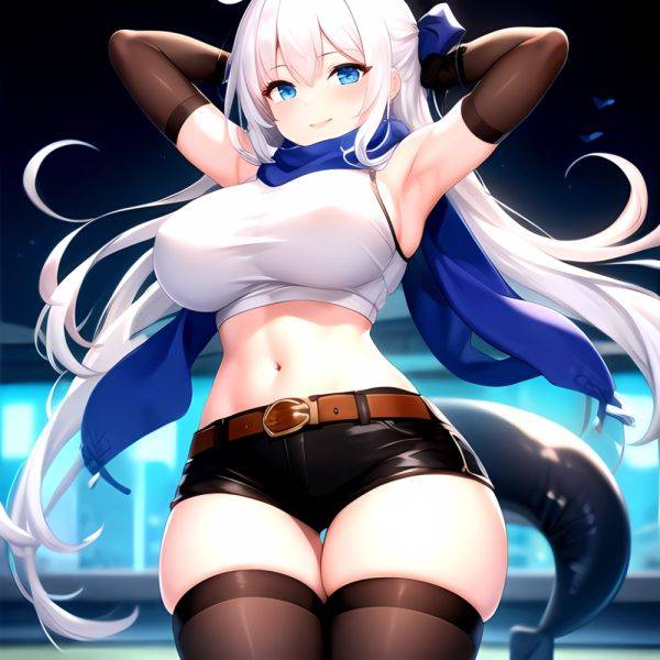 1girl Armpits Arms Behind Head Belt Black Bra Black Gloves Black Pantyhose Blue Eyes Blurry Blurry Background Bra Breasts Curvy, 3975229195 - AIHentai - aihentai.co on pornintellect.com