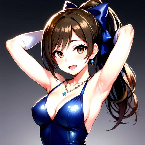 1girl Absurdres Armpits Arms Up Ayase Honoka Black Gloves Blue Bow Blue Dress Blush Bow Breasts Brown Eyes Brown Hair, 3213370711 - AIHentai - aihentai.co on pornintellect.com