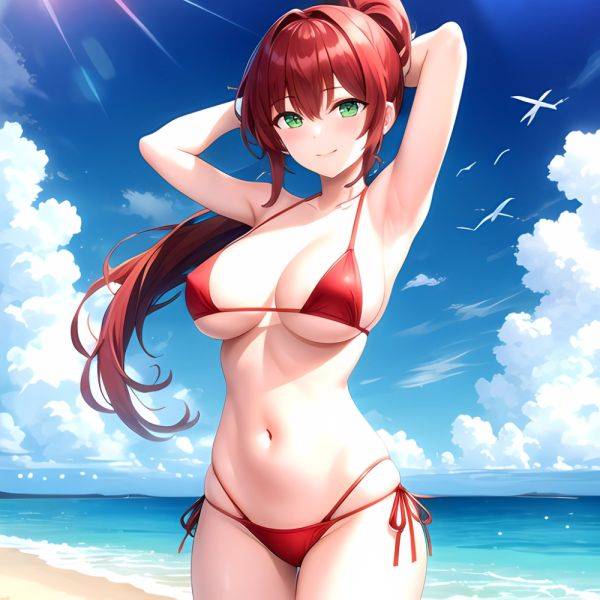 1girl Armpits Arms Behind Head Arms Up Bikini Breasts Closed Mouth Collarbone Covered Nipples Day Green Eyes Highres Jung Freud, 818700863 - AIHentai - aihentai.co on pornintellect.com