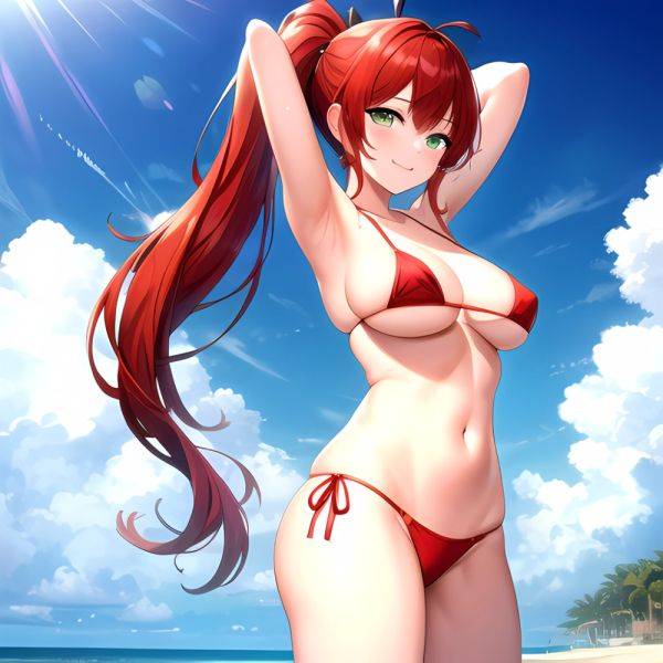 1girl Armpits Arms Behind Head Arms Up Bikini Breasts Closed Mouth Collarbone Covered Nipples Day Green Eyes Highres Jung Freud, 4213605561 - AIHentai - aihentai.co on pornintellect.com
