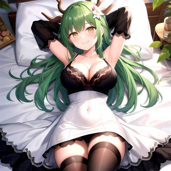 1girl Alternate Costume Antlers Armpits Arms Behind Head Bed Sheet Black Bra Black Thighhighs Bra Branch Breasts Ceres Fauna Cle, 2430996265 - AIHentai - aihentai.co on pornintellect.com