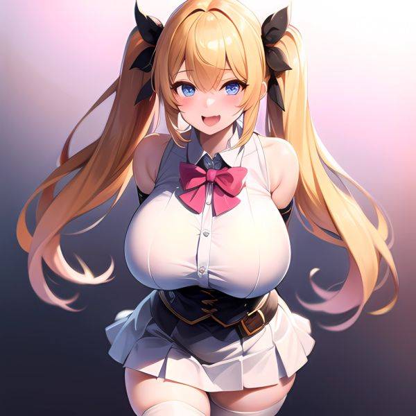 1girl Aymusk Belt White Skirt Blonde Hair Blue Eyes Blush Bow Bowtie Breasts Curvy Elbow Gloves Fang Gloves Gradient Background, 1728998226 - AIHentai - aihentai.co on pornintellect.com
