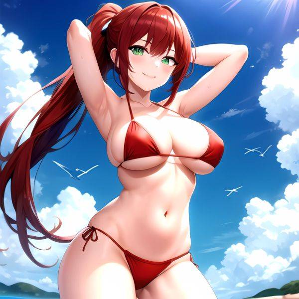 1girl Armpits Arms Behind Head Bikini Breasts Closed Mouth Collarbone Covered Nipples Day Green Eyes Highres Jung Freud Large Br, 581777524 - AIHentai - aihentai.co on pornintellect.com