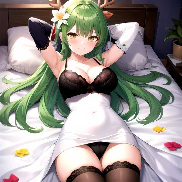 1girl Alternate Costume Antlers Armpits Arms Behind Head Bed Sheet Black Bra Black Thighhighs Bra Branch Breasts Ceres Fauna Cle, 2985501821 - AIHentai - aihentai.co on pornintellect.com