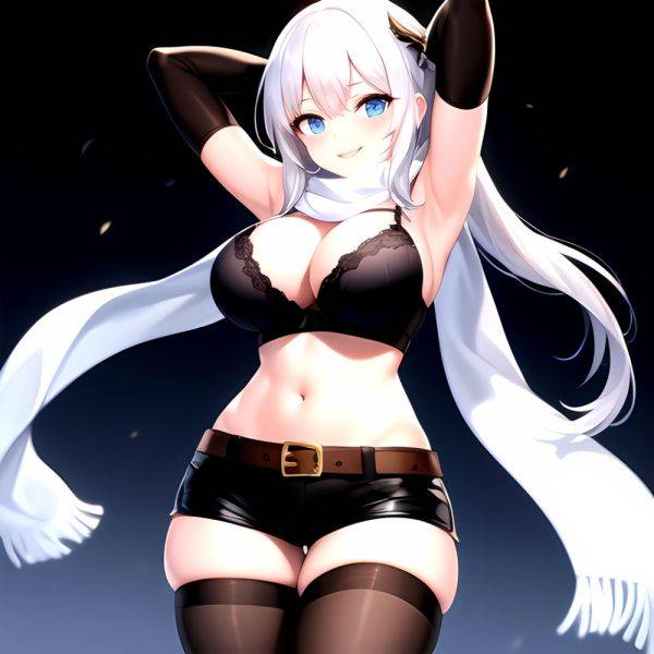 1girl Armpits Arms Behind Head Belt Black Bra Black Gloves Black Pantyhose Blue Eyes Blurry Blurry Background Bra Breasts Curvy, 4014374151 - AIHentai - aihentai.co on pornintellect.com