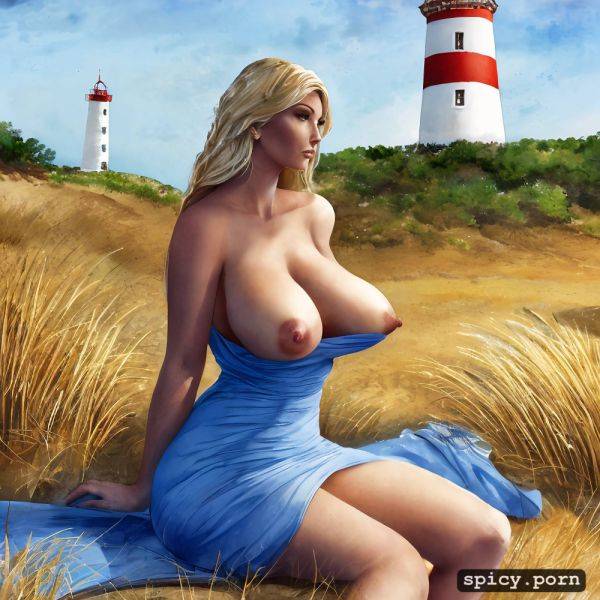 Erect nipples, side shot, posed sitting, vivid, seductive, a lighthouse hill on a beach - spicy.porn on pornintellect.com