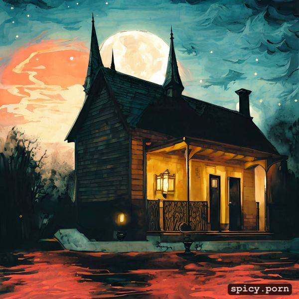 Night background of a creepy house, disney style, vivid color illustration - spicy.porn on pornintellect.com