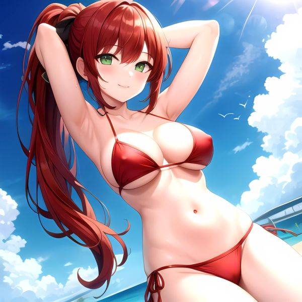 1girl Armpits Arms Behind Head Arms Up Bikini Breasts Closed Mouth Collarbone Covered Nipples Day Green Eyes Highres Jung Freud, 2308031953 - AIHentai - aihentai.co on pornintellect.com