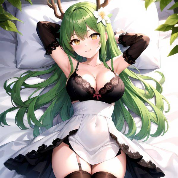 1girl Alternate Costume Antlers Armpits Arms Behind Head Bed Sheet Black Bra Black Thighhighs Bra Branch Breasts Ceres Fauna Cle, 1143730670 - AIHentai - aihentai.co on pornintellect.com