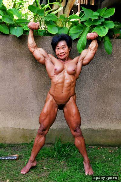 Muscular legs, brown skin, flexing biceps, nude, thai granny bodybuilder midget - spicy.porn - Thailand on pornintellect.com