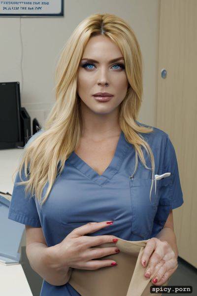Woman, shocked look, blue eyes, respiratory therapist in scrubs - spicy.porn on pornintellect.com