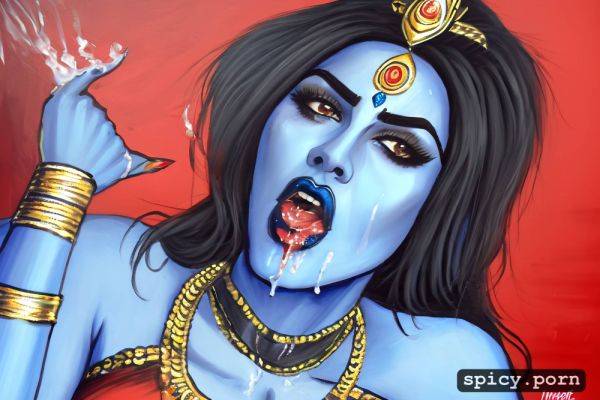 Blue skin, horny face, hindu crown on the head, cum on face mouth dripping white cum and saliva - spicy.porn on pornintellect.com