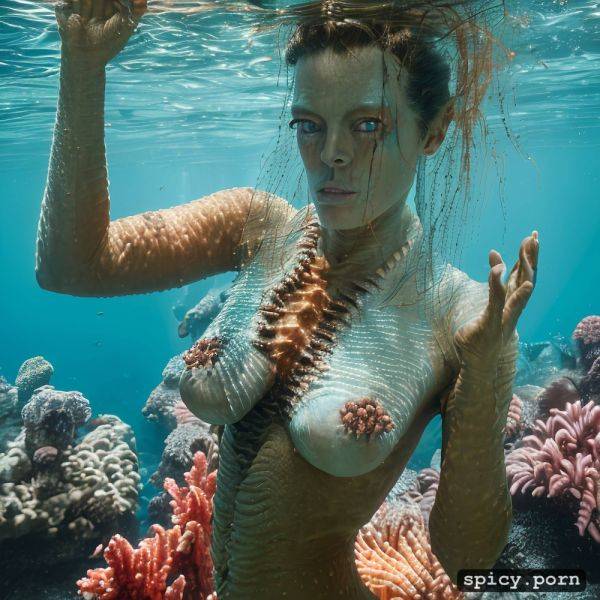 Realistic, visible nipple, masterpiece, young sigourney weaver as blue alien from the movie avatar sigourney weaver swimming underwater near a coral reef wearing tribal top and thong - spicy.porn on pornintellect.com