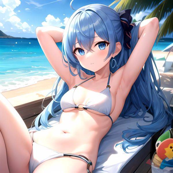 1girl Absurdres Arms Behind Head Bikini Blue Eyes Blue Hair Breasts Closed Mouth Hair Between Eyes Highres Hololive Hoshimachi S, 2648403342 - AIHentai - aihentai.co on pornintellect.com