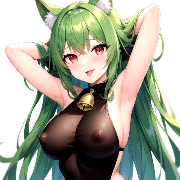 1girl Animal Ear Fluff Animal Ears Armpits Arms Behind Head Banshee Last Origin Bell Blush Breasts Chamame Green Hair Highres, 4115837684 - AIHentai - aihentai.co on pornintellect.com