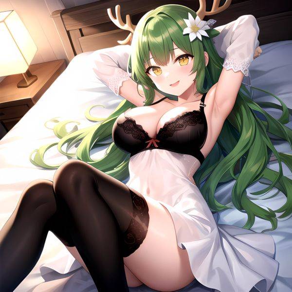 1girl Alternate Costume Antlers Armpits Arms Behind Head Bed Sheet Black Bra Black Thighhighs Bra Branch Breasts Ceres Fauna Cle, 2472435401 - AIHentai - aihentai.co on pornintellect.com