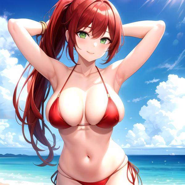 1girl Armpits Arms Behind Head Bikini Breasts Closed Mouth Collarbone Covered Nipples Day Green Eyes Highres Jung Freud Large Br, 2093518283 - AIHentai - aihentai.co on pornintellect.com