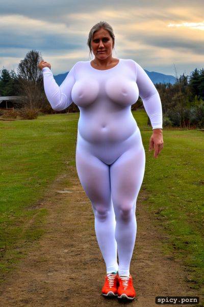 Big bulge between legs, a standing obese 80 yo fat woman wearing white very transparent tight bodysuit with white legs - spicy.porn on pornintellect.com