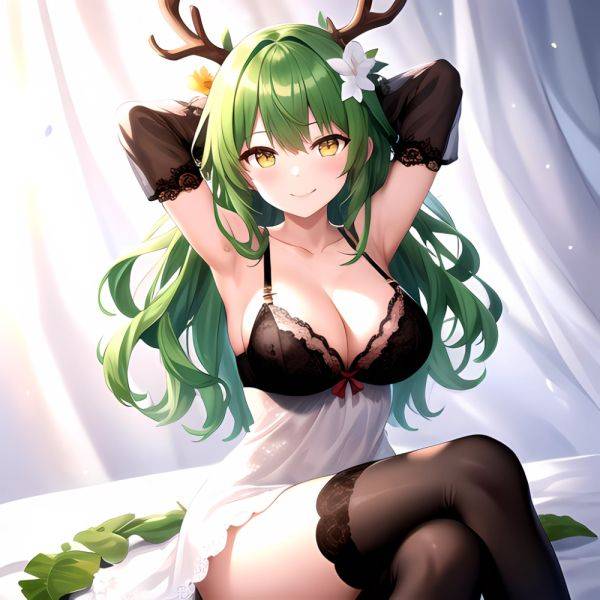 1girl Alternate Costume Antlers Armpits Arms Behind Head Bed Sheet Black Bra Black Thighhighs Bra Branch Breasts Ceres Fauna Cle, 1523775990 - AIHentai - aihentai.co on pornintellect.com