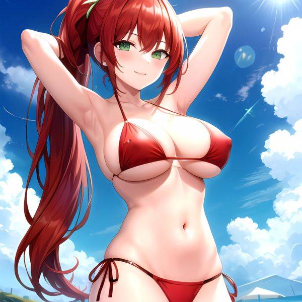 1girl Armpits Arms Behind Head Arms Up Bikini Breasts Closed Mouth Collarbone Covered Nipples Day Green Eyes Highres Jung Freud, 3693638356 - AIHentai - aihentai.co on pornintellect.com