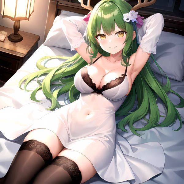 1girl Alternate Costume Antlers Armpits Arms Behind Head Bed Sheet Black Bra Black Thighhighs Bra Branch Breasts Ceres Fauna Cle, 1864449529 - AIHentai - aihentai.co on pornintellect.com