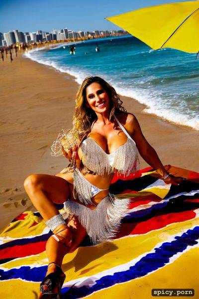 Color portrait, long hair, 55 yo beautiful performing white rio carnival dancer at copacabana beach - spicy.porn on pornintellect.com